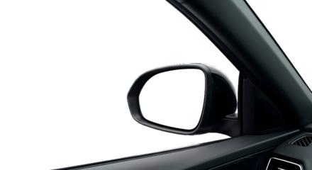 Car side view mirror with a blank white screen for mockup or copy space. Isolated on transparent background, png
