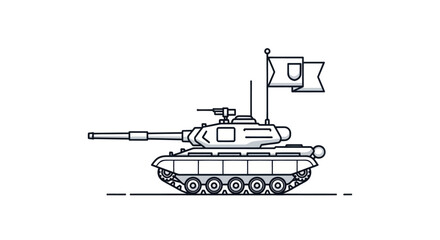 Line art illustration of a military tank with a flag. © Lidot