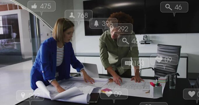 Architects adjusting blueprints and noting, activating floating social metrics showing engagement