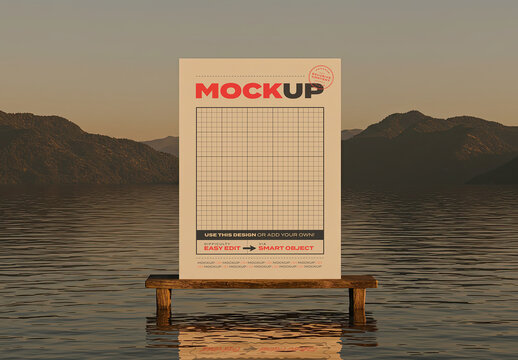 Vertical Sign on Wooden Bench on Lake Mockup