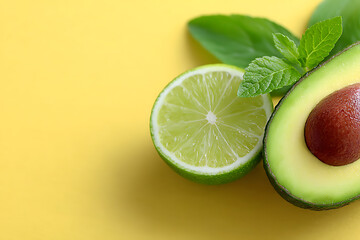 Fresh Avocado Half and Lime Slice with Green Leaves on Bright Yellow Background