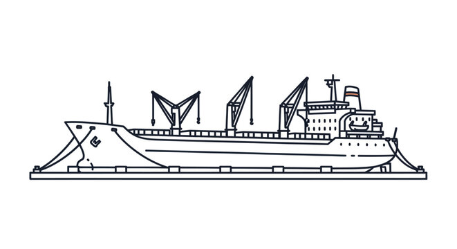 Detailed Line Drawing of a Large Cargo Ship with Cranes.