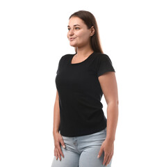 Obraz premium Woman in black t-shirt on white background. Mockup for design