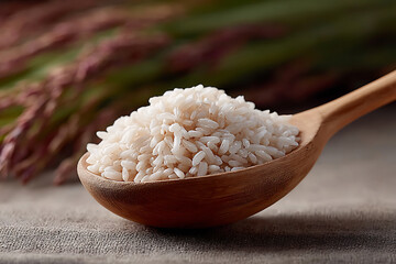 Close-Up Image of White Rice Grain in Wooden Spoon on Rustic Background