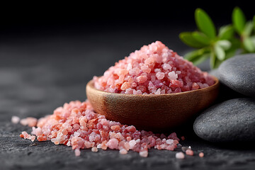Pink Himalayan Salt in Wooden Bowl on Dark Background with Natural Stones and Herbs