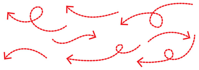 Collection of curved arrows with dashed lines. Hand drawn curve dotted line arrow set. curved pointers sign. Sketch curved dashed arrows. signpost showing a confusing complex path. Dashed arrows.