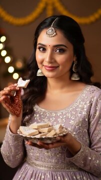 Smiling Indian woman enjoying traditional kaju katli sweet during Diwali celebration, dressed in elegant festive outfit with jewelry and decorative background lights