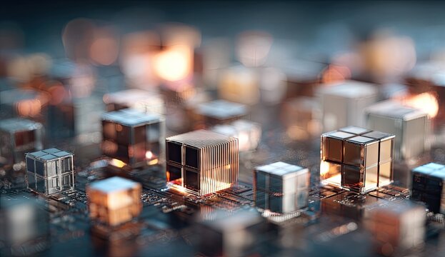 Close-up, abstract photo featuring a collection of metallic cube structures and bokeh lights