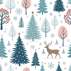 Fototapeta premium Winter wonderland seamless pattern with festive Christmas trees and a majestic deer.