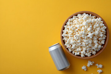 Bowl of Fresh Popcorn Next to a Silver Soda Can on Bright Yellow Background