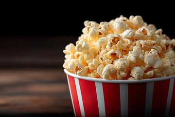 Freshly Popped Popcorn in a Red and White Striped Cup on Wooden Surface