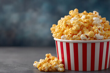 Delicious and Tasty Popcorn in Large Red and White Striped Bucket Ready for Movie Night