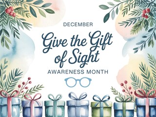 December give the gift of sight awareness month with watercolor festive holiday presents and evergreen branches