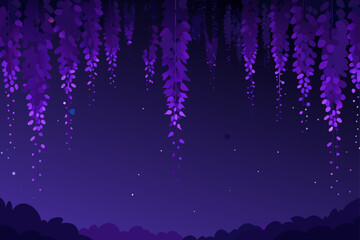 Enchanting purple wisteria flowers cascade down against a dark starry night sky creating a magical and serene atmosphere with a silhouette of hills below