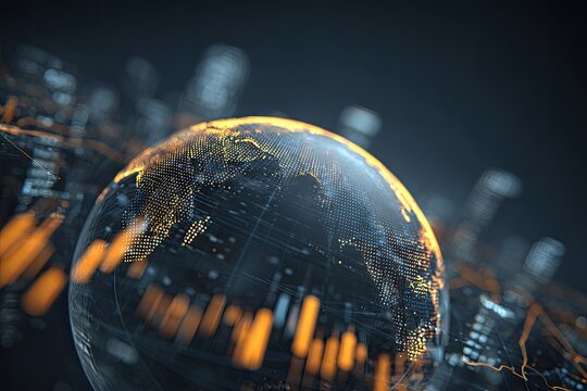 Close-up of a stylized globe with digital lines & glowing dots, representing global data