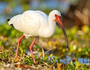 White ibis wading in shallow water