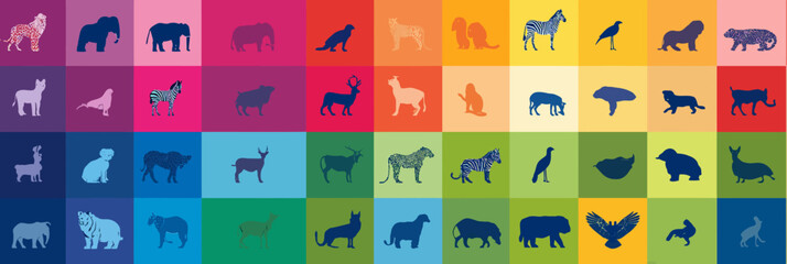 A grid featuring colorful stylized animal silhouettes, spanning various species, arranged in rows