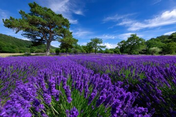 Fototapeta premium Lavender field blooms under a blue sky with clouds in summer landscape