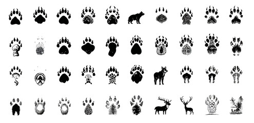 Collection of bear and other animal paw prints, silhouettes, and stylized forest imagery © ermelinda