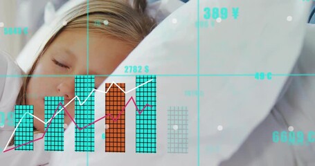 Girl sleeping on bed with turquoise overlay appearing and generating financial chart for analytics - Powered by Adobe