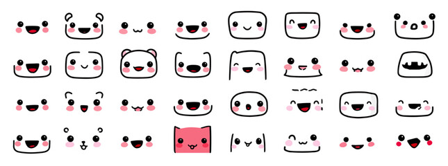 Naklejka premium A collection of cartoon faces in various shapes and expressions. Each face features cute details and a simple style