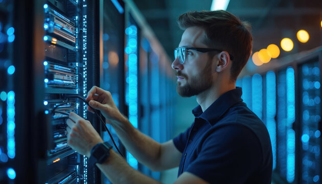Man works with server racks in data center. Technician connects cables to computer hardware. Blue lights illuminate equipment. Pro IT specialist maintains system.