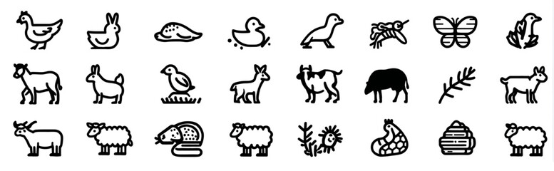 A collection of outlined icons depicting animals and nature elements, showcasing a clean, minimalist style