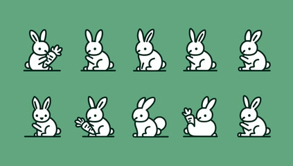 Naklejka premium Ten white rabbit icons in different poses and with carrots on a green background