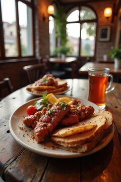 A delicious plate of Cokertme kebabi sits on a rustic wooden table. In the background, a sunlit Turkish cafe with a glass of tea