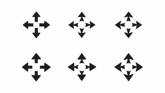 A set of eight black icons featuring star shapes and directional arrows arranged in a symmetrical pattern | editable eps vectors silhouette