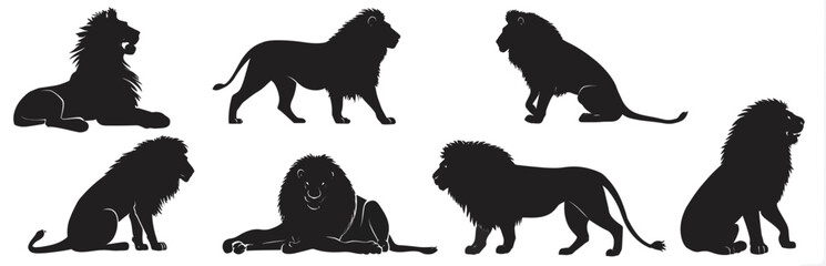 Silhouette of seven lions with flowing manes in various poses against a white background © isma