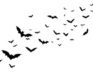 Obraz premium Numerous dark silhouette bats are scattered against a stark white background, flying in various directions