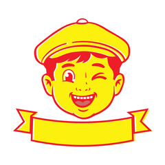 A cheerful, retro-style cartoon boy's head, wearing a yellow newsboy cap, winks and smiles above a blank yellow banner with red outlines, all on a white background.