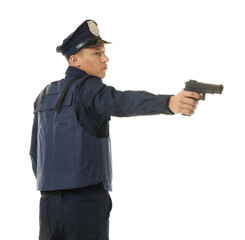Young policeman in uniform with gun on white background