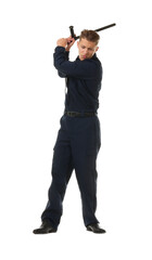 Young policeman in uniform with baton on white background