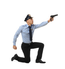 Obraz premium Young policeman in uniform with gun on white background
