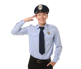 Young policeman in uniform on white background