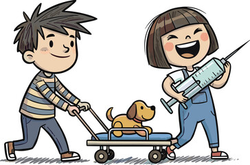 Children playing with dog cart and syringe, kids pretend play, healthcare roleplay, imagination, fun activity, childhood learning, creative teamwork, joyful