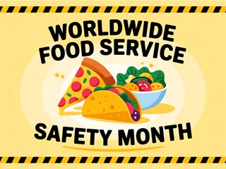 Celebrate worldwide food service safety month with delicious pizza taco and salad icons promoting healthy eating and hygiene
