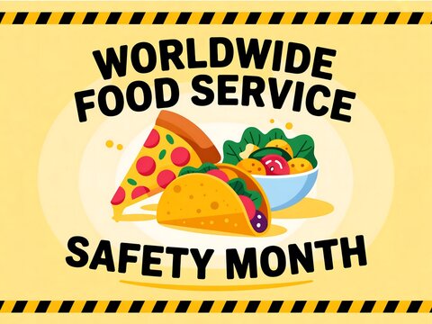 Celebrate worldwide food service safety month with delicious pizza taco and salad icons promoting healthy eating and hygiene