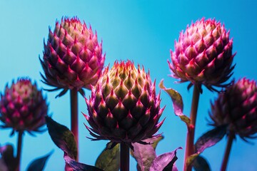 Vibrant Purple Artichoke Flowers Against Blue Sky in a Closeup Garden Scene