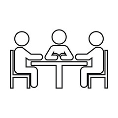 Three outline stick figures are sitting together at a black rectangular table on white