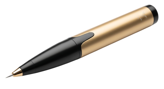 Elegant Gold And Black Stylus Pen With A Small Logo On A Black Background writing instrument