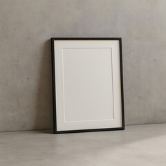 Empty Picture Frame: A minimalist black picture frame leans against a muted grey concrete wall, a blank canvas ready to showcase your personal art or cherished memories. This elegant, simple.