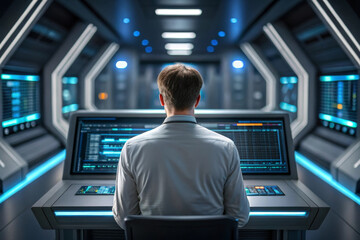 Futuristic lab research scientist control room computer data analysis cyberpunk technology blue light workstation calm focus high tech control room as scientist studies data large computer