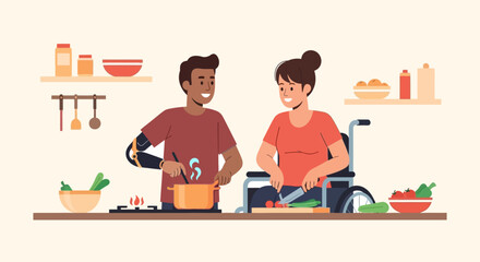 Diverse couple cooking together: Man with prosthetic arm stirs pot, woman in wheelchair chops vegetables.