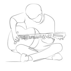 One continuous line drawing on white isolated background. Minimalism linear illustration. guitar, music, man, person, musician, playing, instrument, guitarist, play, acoustic