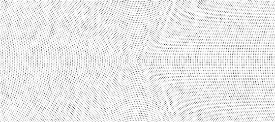 Black halftone concentric circle texture. Rippled repeating sound wave ring wallpaper. Dotted radial gradient background. Vector rasterized backdrop for vibration, epicenter, target, radar signal