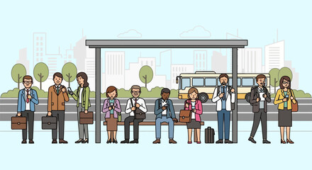 Diverse Commuters Waiting at Bus Stop, Holding Phones and Briefcases