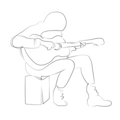 Naklejka premium One continuous line drawing on white isolated background. Minimalism linear illustration. person, musician, guitar, street, instrument, music, man, guitarist, musical, play